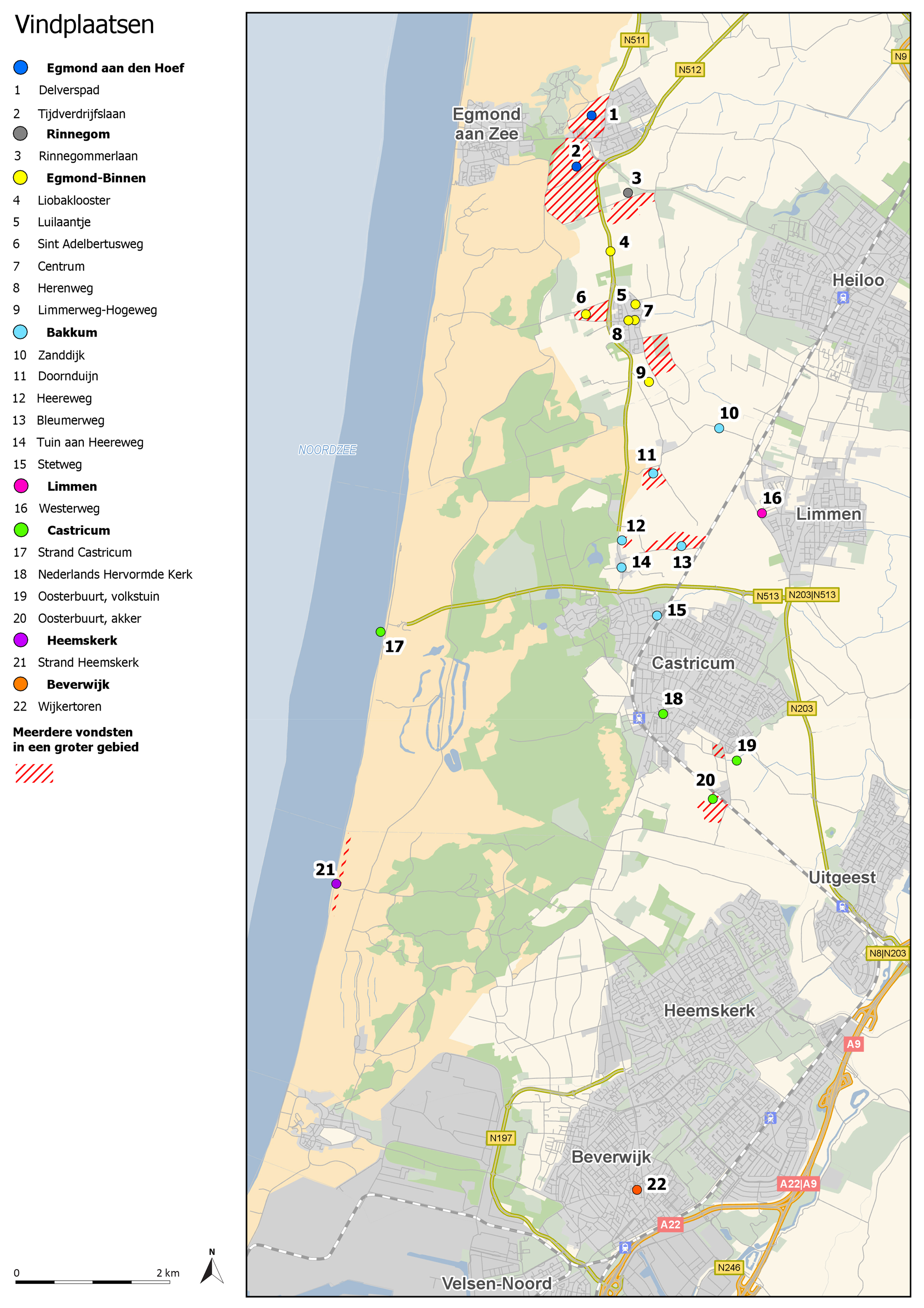 Plattegrond vindplaatsen Kennemerland